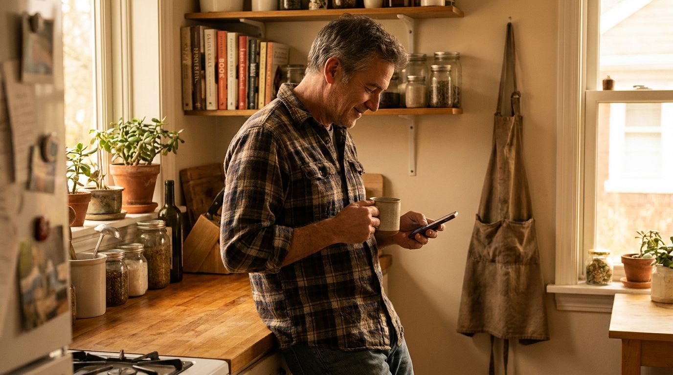 A small business owner leaning against his kitchen counter in warm morning light, coffee mug in one hand, smiling at his phone