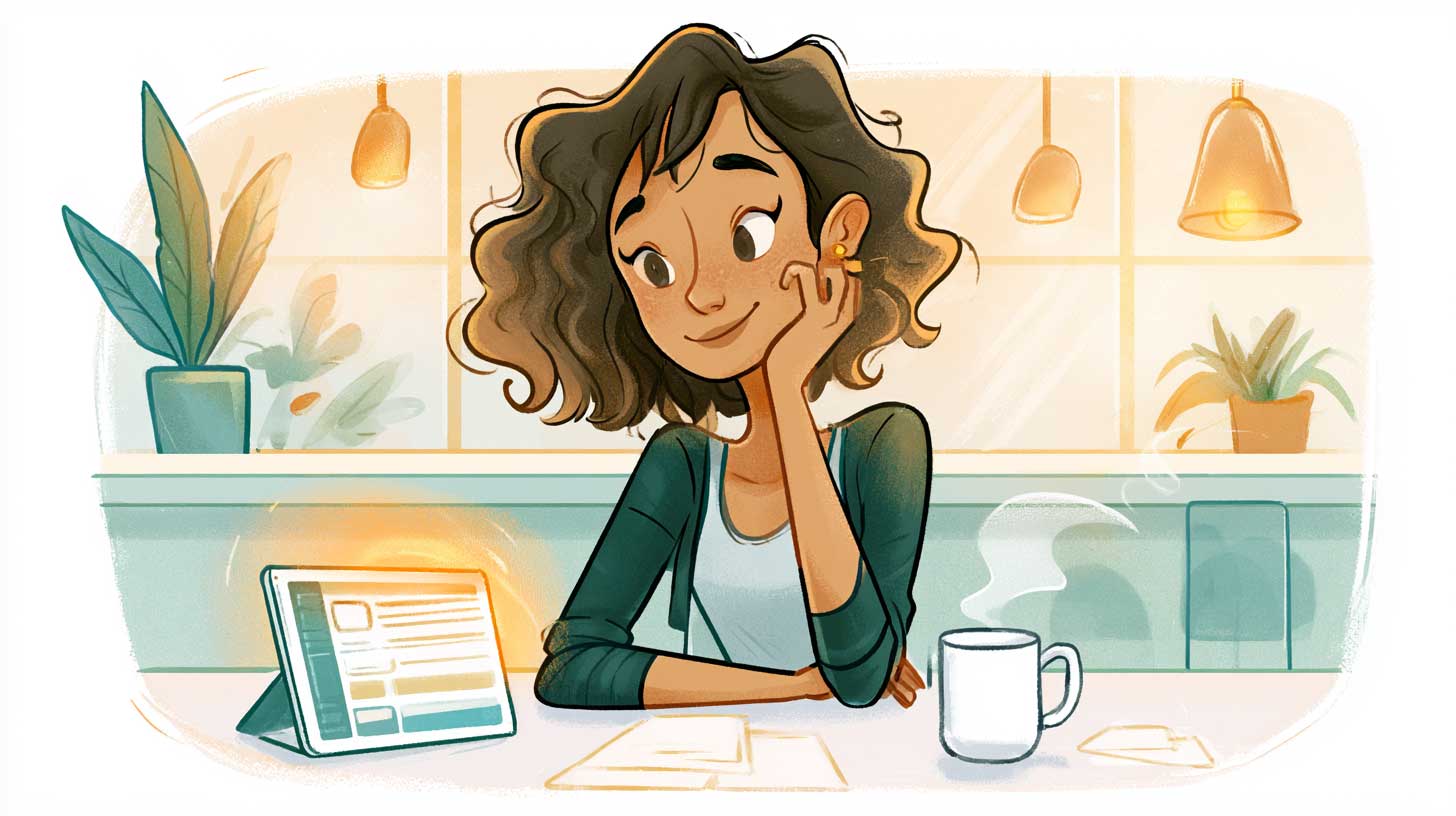 Illustration of a relaxed small business owner sitting at a cafe table in soft morning light while a glowing tablet beside them quietly handles an intake questionnaire