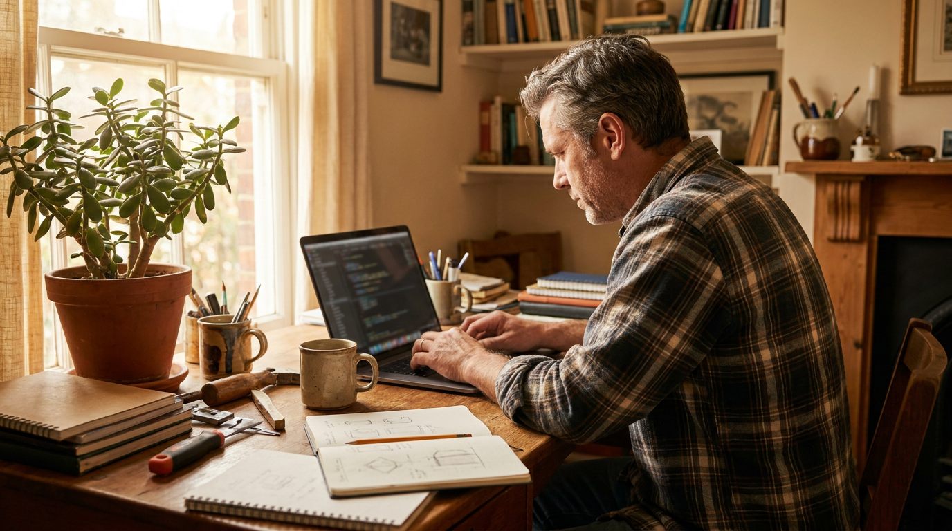 A man working at a sunlit wooden desk in his home office, laptop open beside a notebook of hand-drawn sketches and a mug of coffee